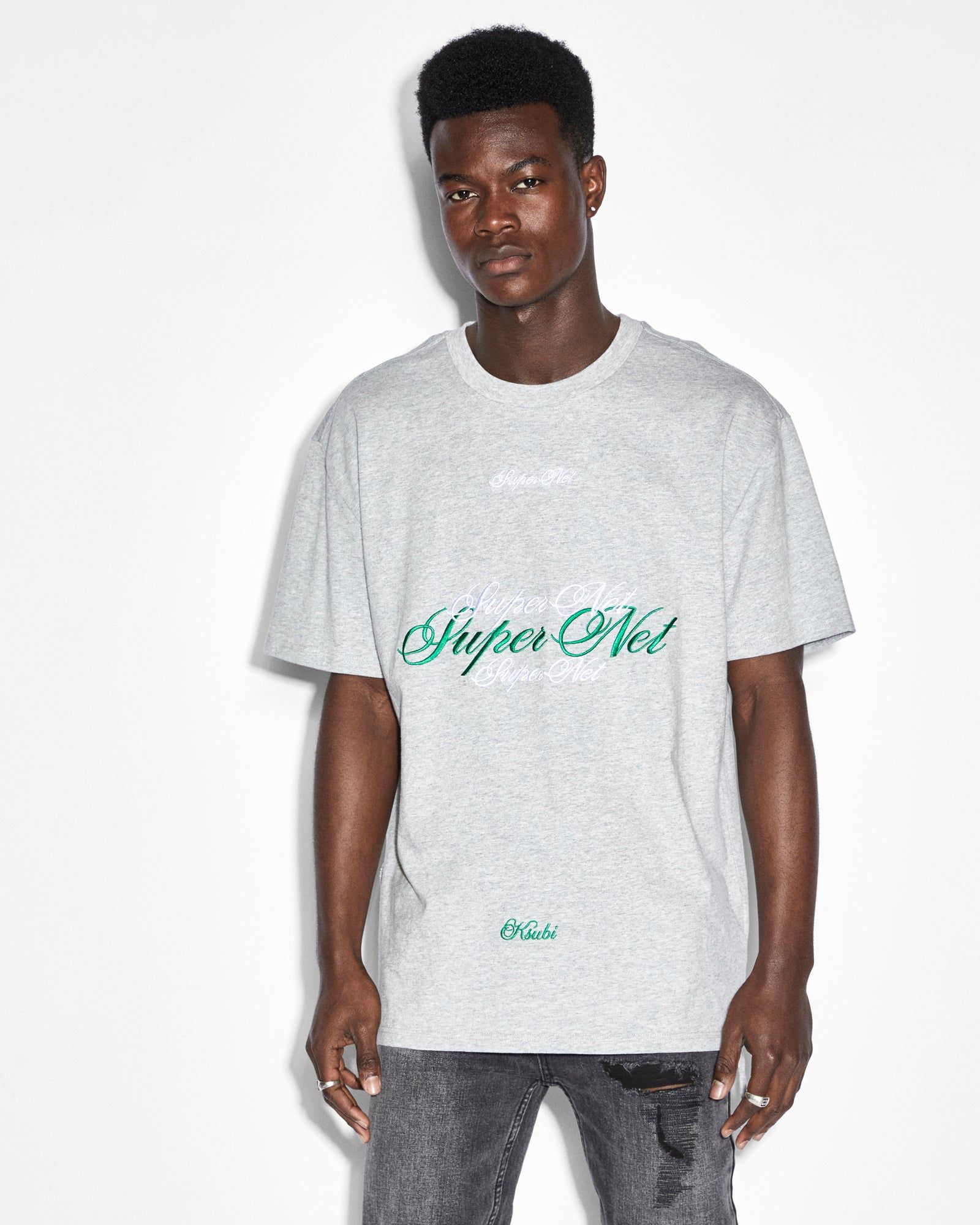 SCRIPTED BIGGIE SS TEE GREY MARLE sold by Ksubi