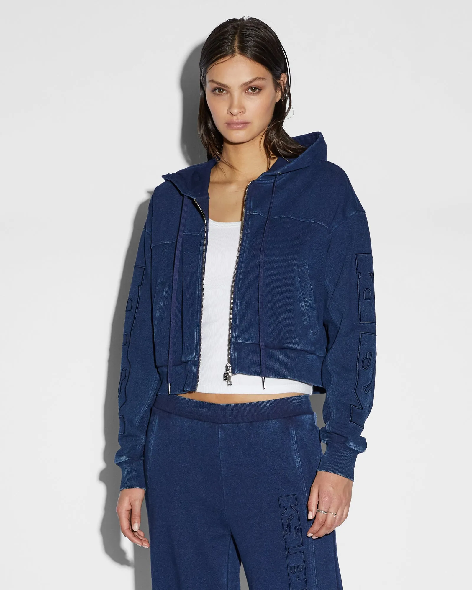 ORIGIN CROP HOODIE INDIGO SPLICED sold by Ksubi