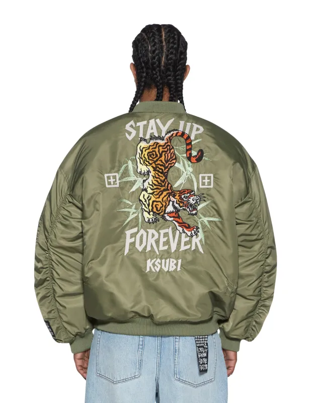 STAY UP 4EVA BOMBER JACKET KHAKI made by Ksubi