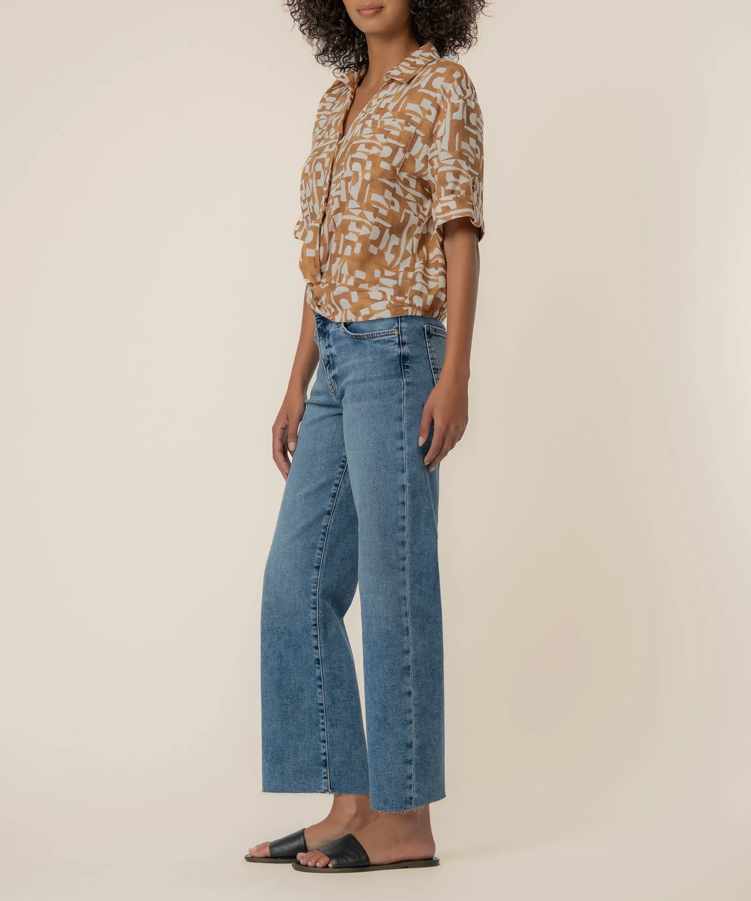 Rebel Linen Knot Front Shirt in Cambridge Wood sold by Kut from the Kloth product image thumbnail 2