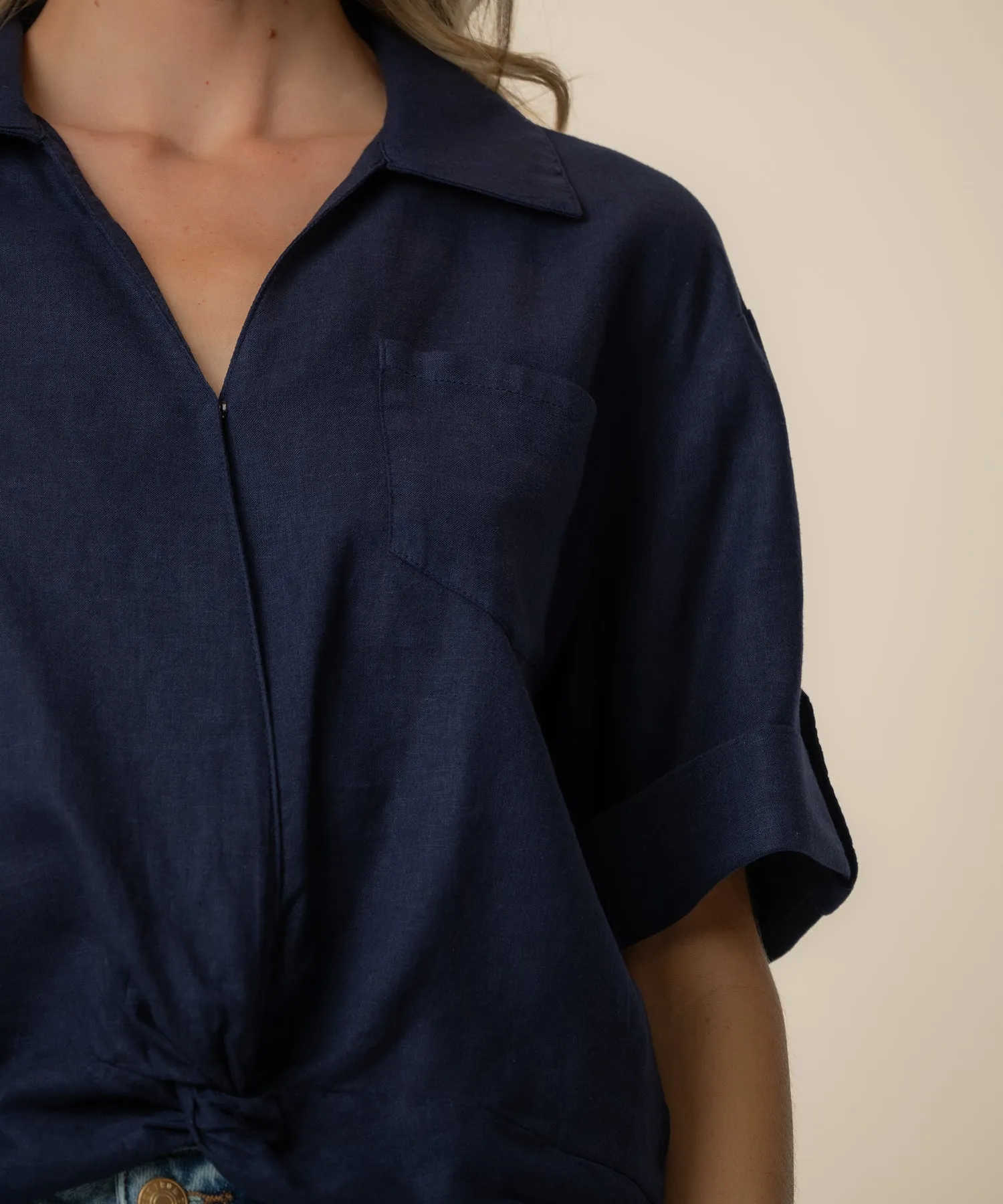 Rebel Linen Knot Front Shirt in Navy sold by Kut from the Kloth product image thumbnail 4