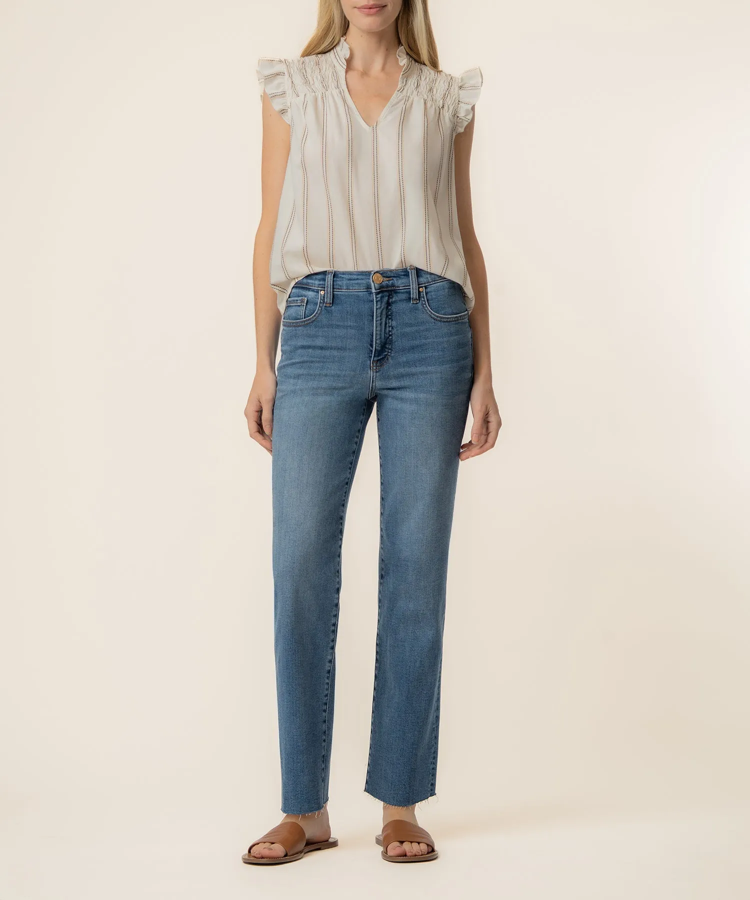 Ronda Ruffle Neck Top in Cream sold by Kut from the Kloth