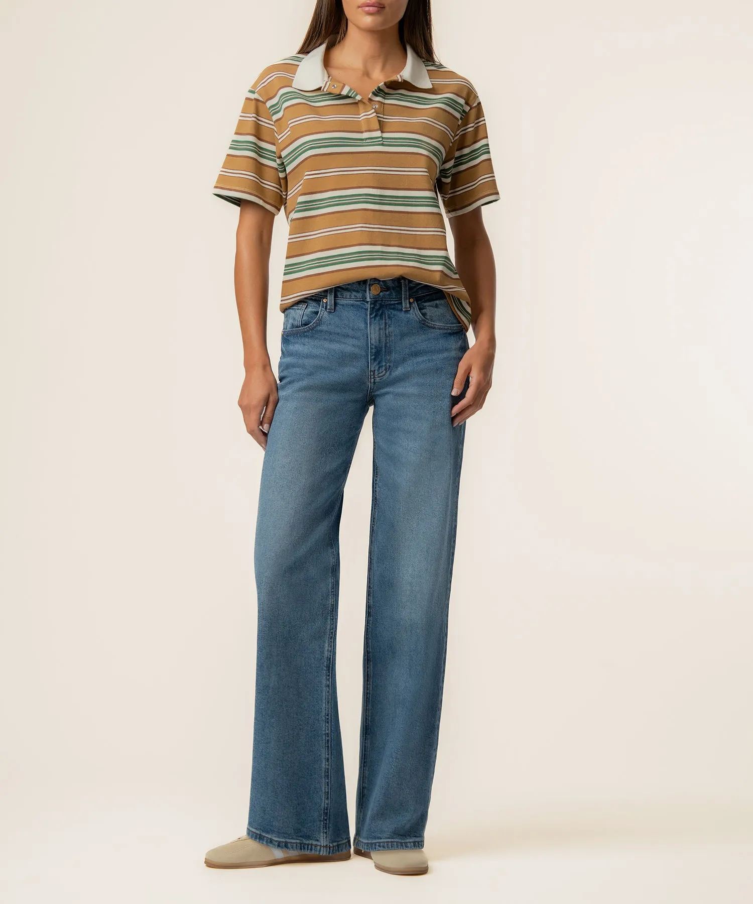 Livvy Stripe Polo Shirt in Ivory/Brown sold by Kut from the Kloth