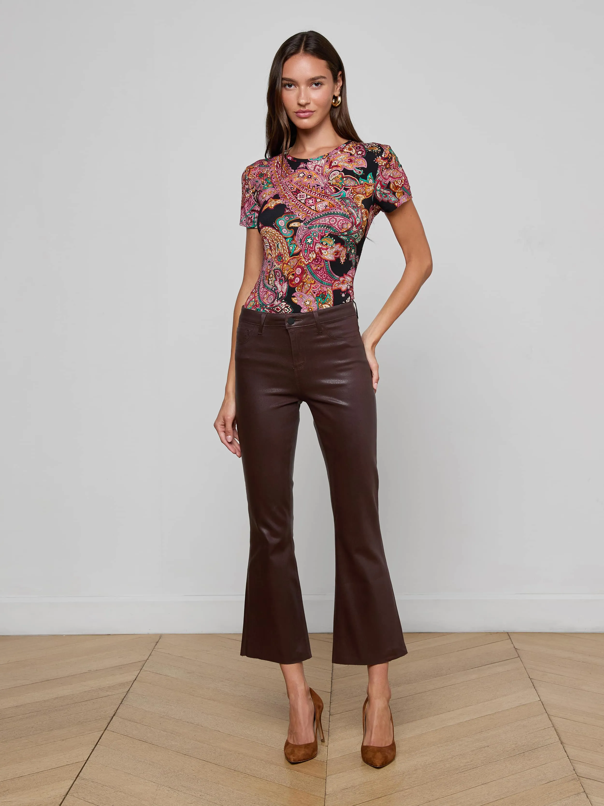 Kendra Coated Cropped Flare Jean sold by L'AGENCE