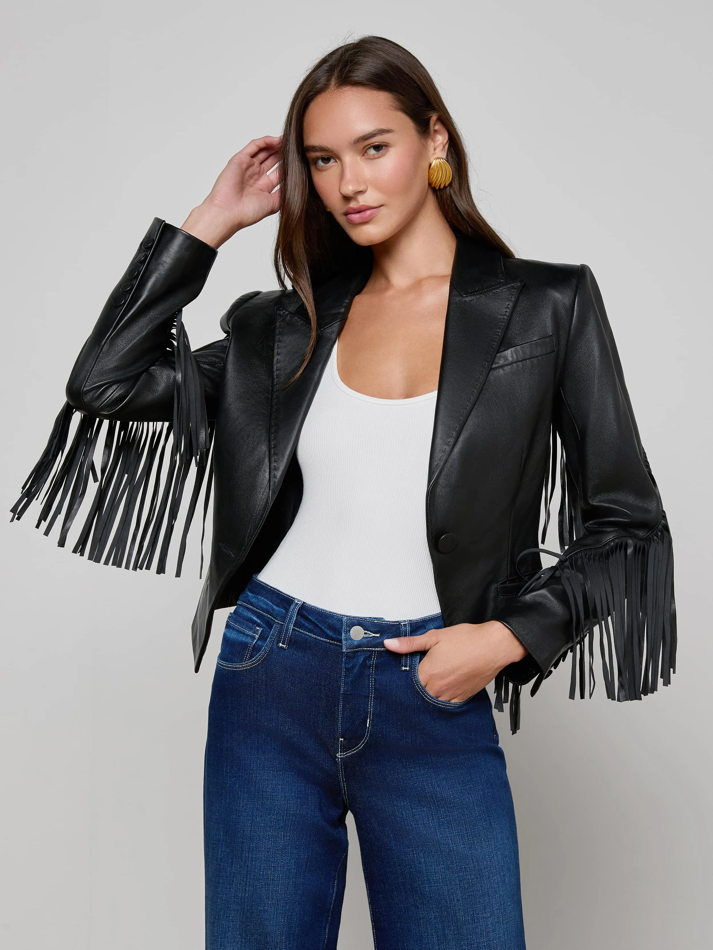 Vashti Fringed Leather Blazer sold by L'AGENCE