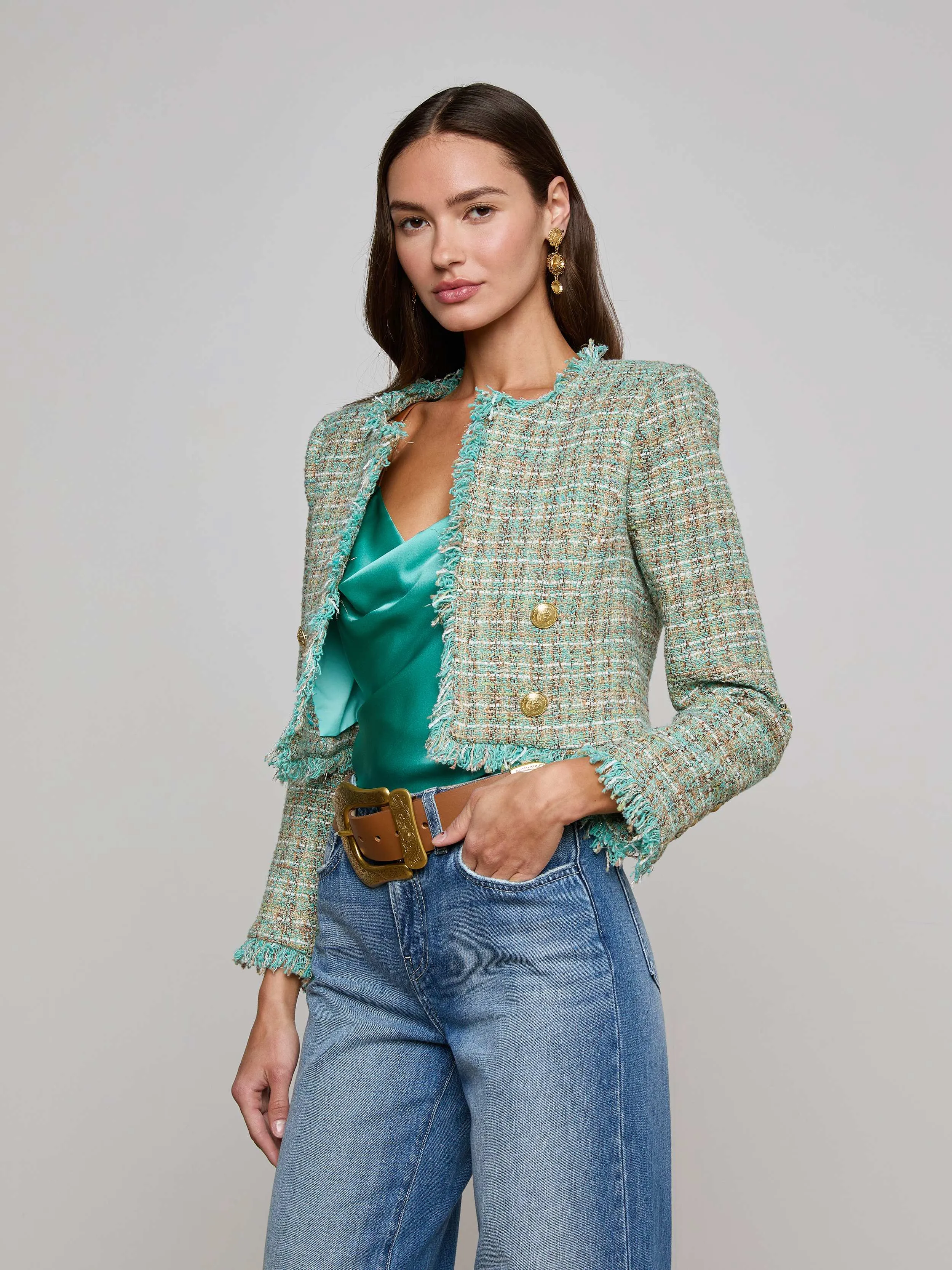 Clydie Cropped Tweed Jacket sold by L'AGENCE product image thumbnail 3