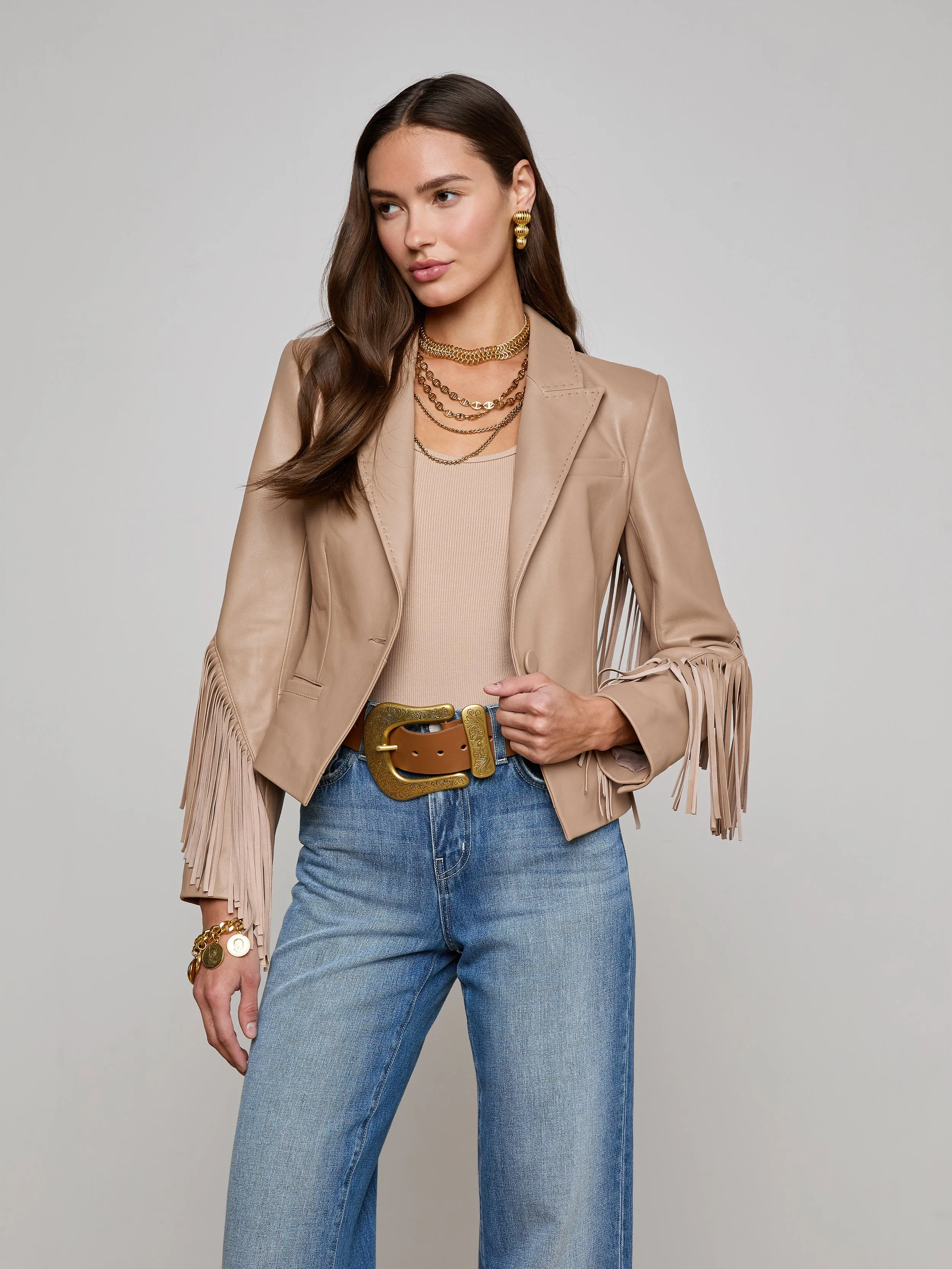 Vashti Fringed Leather Blazer sold by L'AGENCE