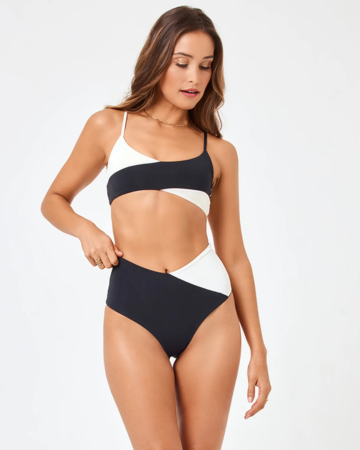 Color Block High Tide Bikini Bottom - Black-Cream sold by l*space product image thumbnail 2