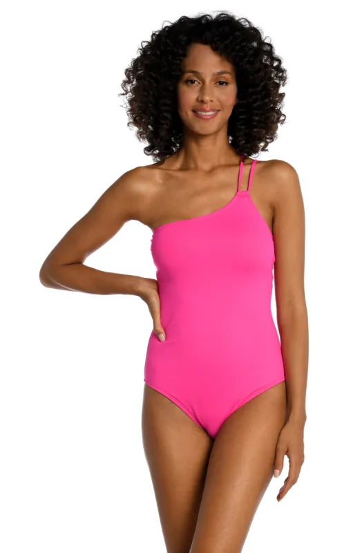 Island Goddess Lace Back One Shoulder One Piece - Pop Pink sold by La Blanca