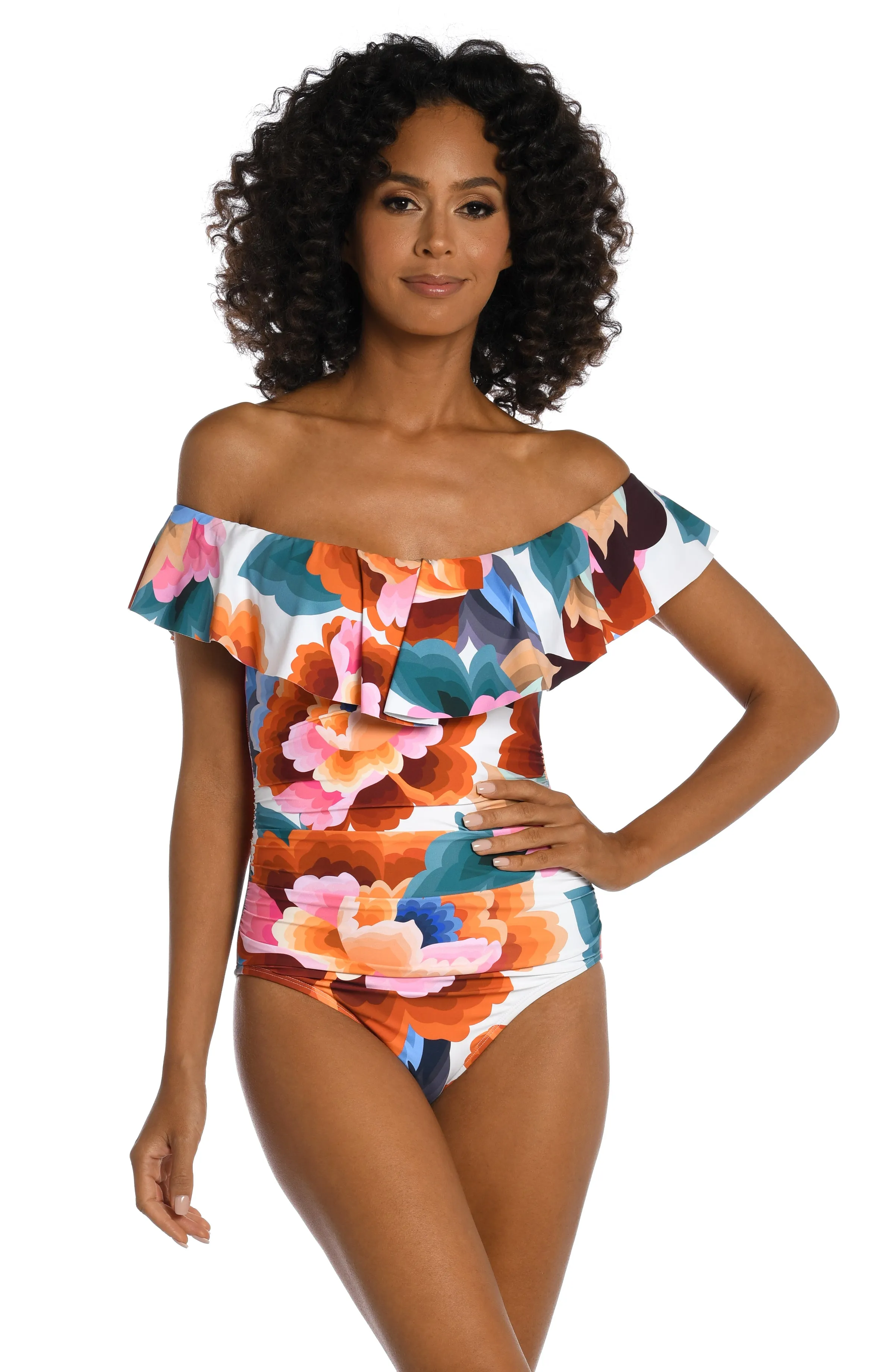 Floral Rhythm Off Shoulder Ruffle One Piece (Final Sale) sold by La Blanca