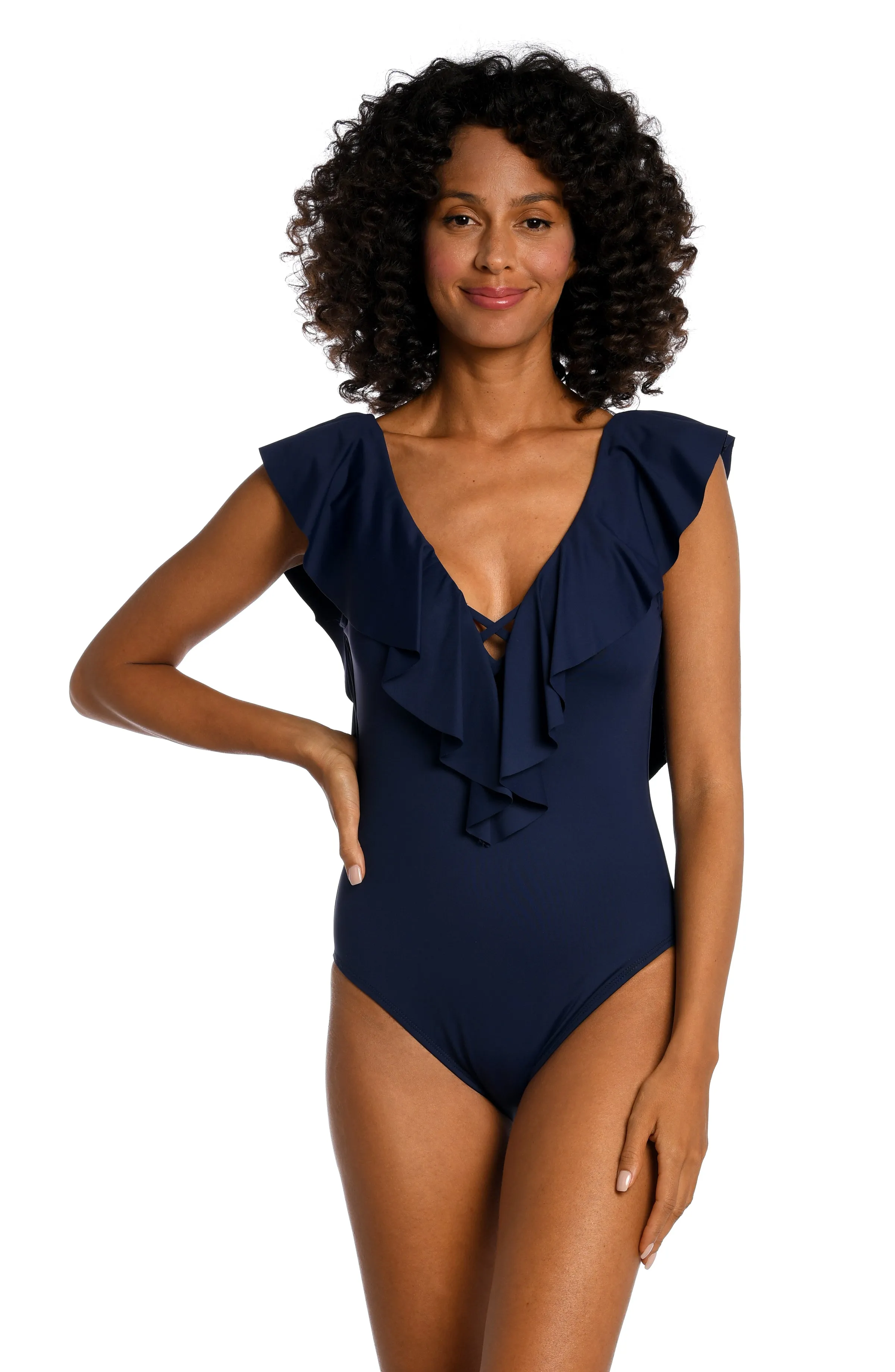Island Goddess Ruffle Plunge One Piece - Indigo sold by La Blanca
