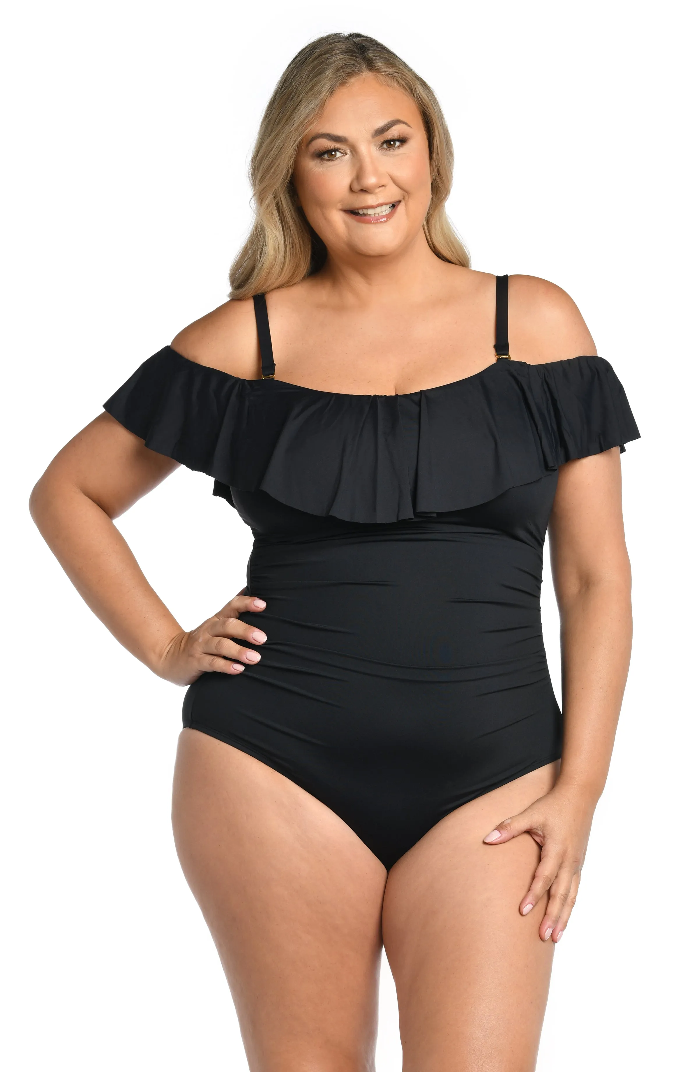 Island Goddess Off Shoulder Ruffle One Piece - Black sold by La Blanca product image thumbnail 5