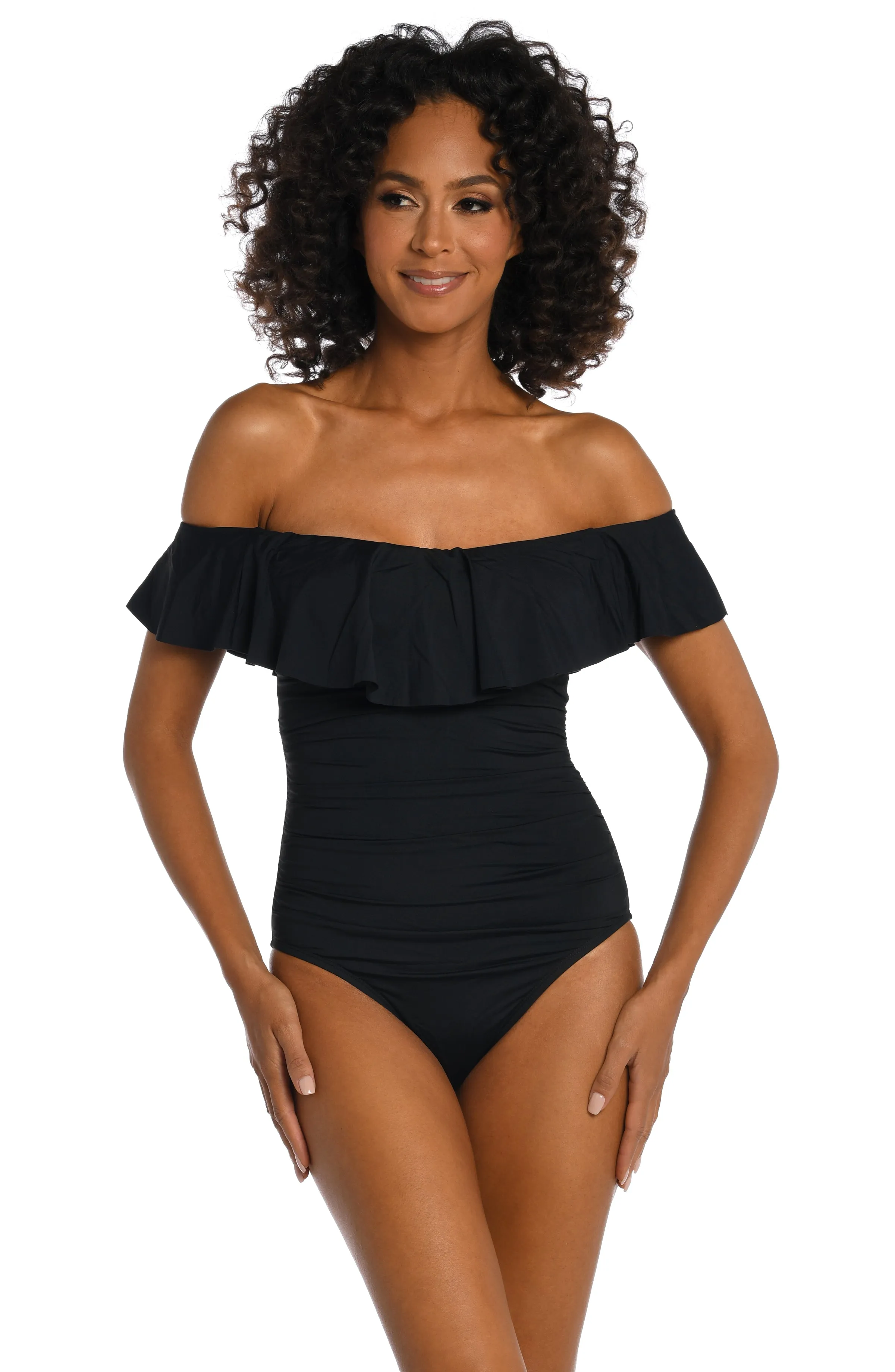 Island Goddess Off Shoulder Ruffle One Piece - Black sold by La Blanca