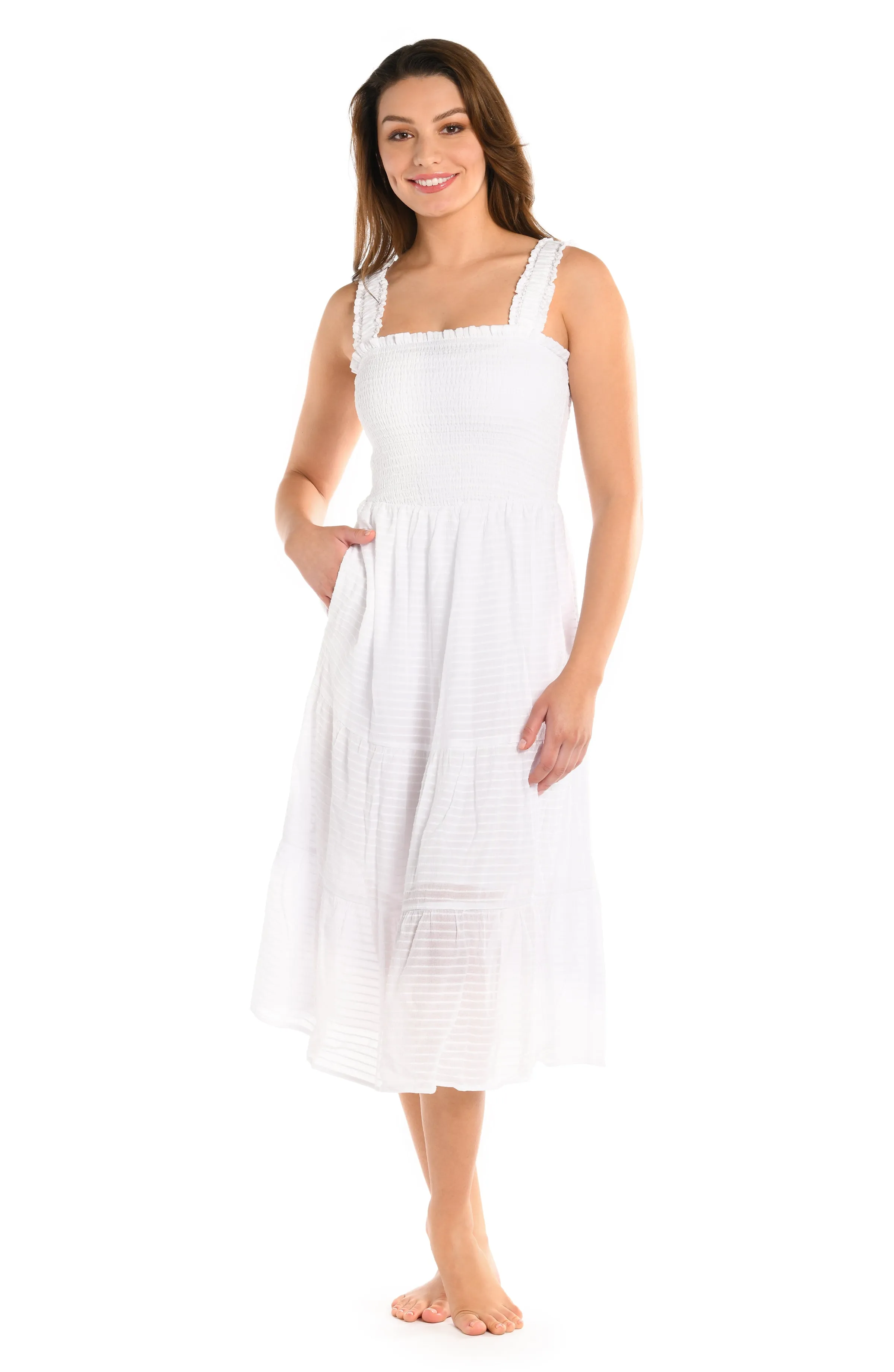 Shadow Stripe Tiered Midi Dress - White - FINAL SALE sold by La Blanca