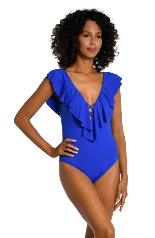 Island Goddess Ruffle Plunge One Piece - Sapphire - FINAL SALE sold by La Blanca