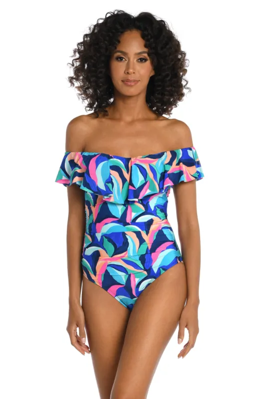 Painted Leaves Off Shoulder Ruffle One Piece - FINAL SALE sold by La Blanca
