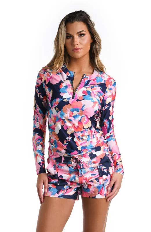 Denim Bouquet Half Zip Rashguard sold by La Blanca