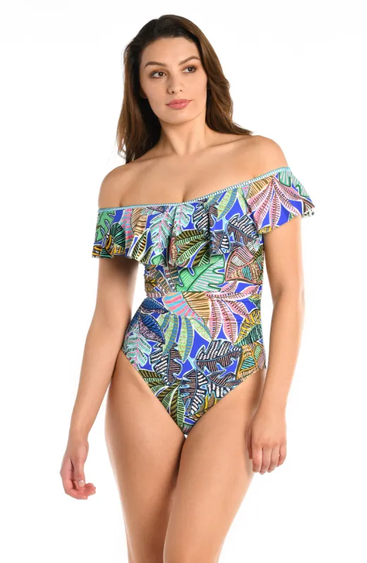 Neon Nights Off Shoulder Ruffle One Piece - FINAL SALE sold by La Blanca