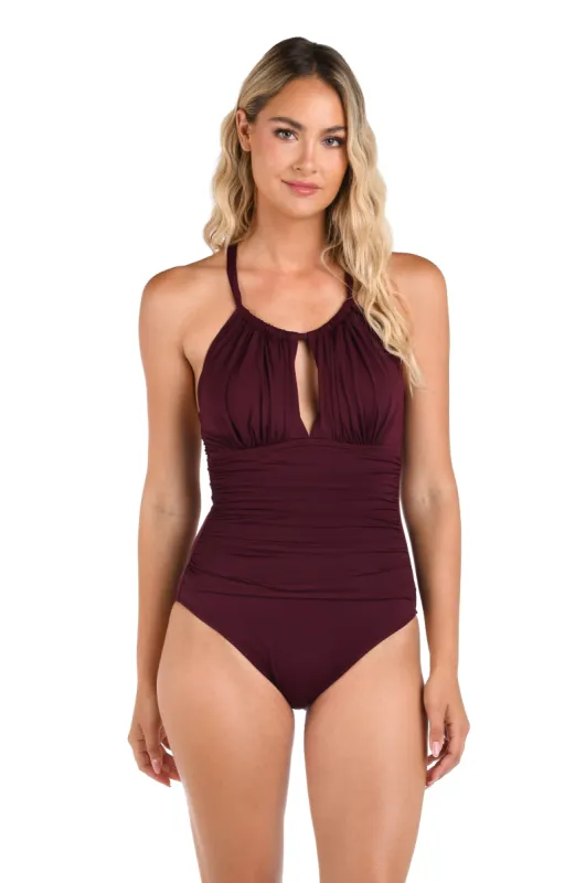 Island Goddess High Neck Keyhole One Piece - Dark Cherry sold by La Blanca