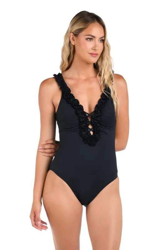 Island Goddess Ruffle V-Plunge One Piece - Black sold by La Blanca