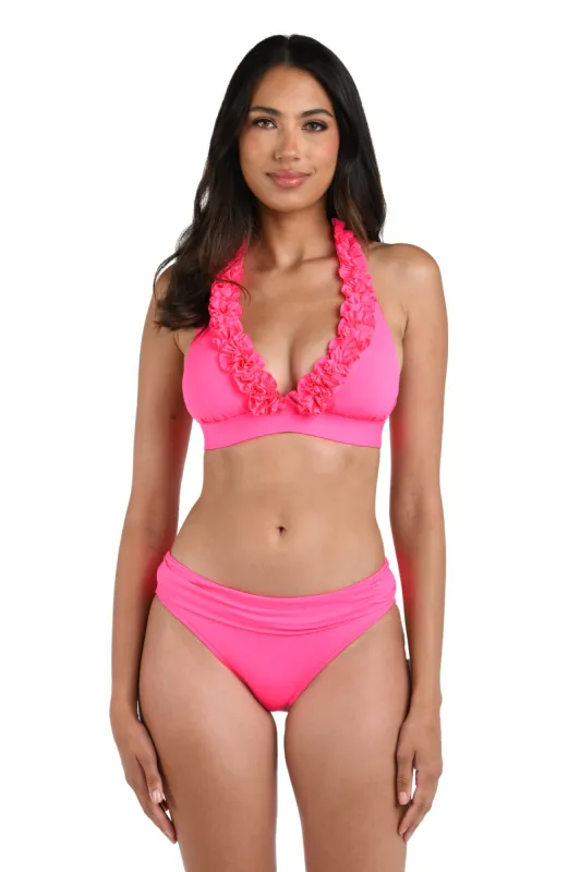 Island Goddess Ruffle Banded Halter Top - Bright Pink sold by La Blanca
