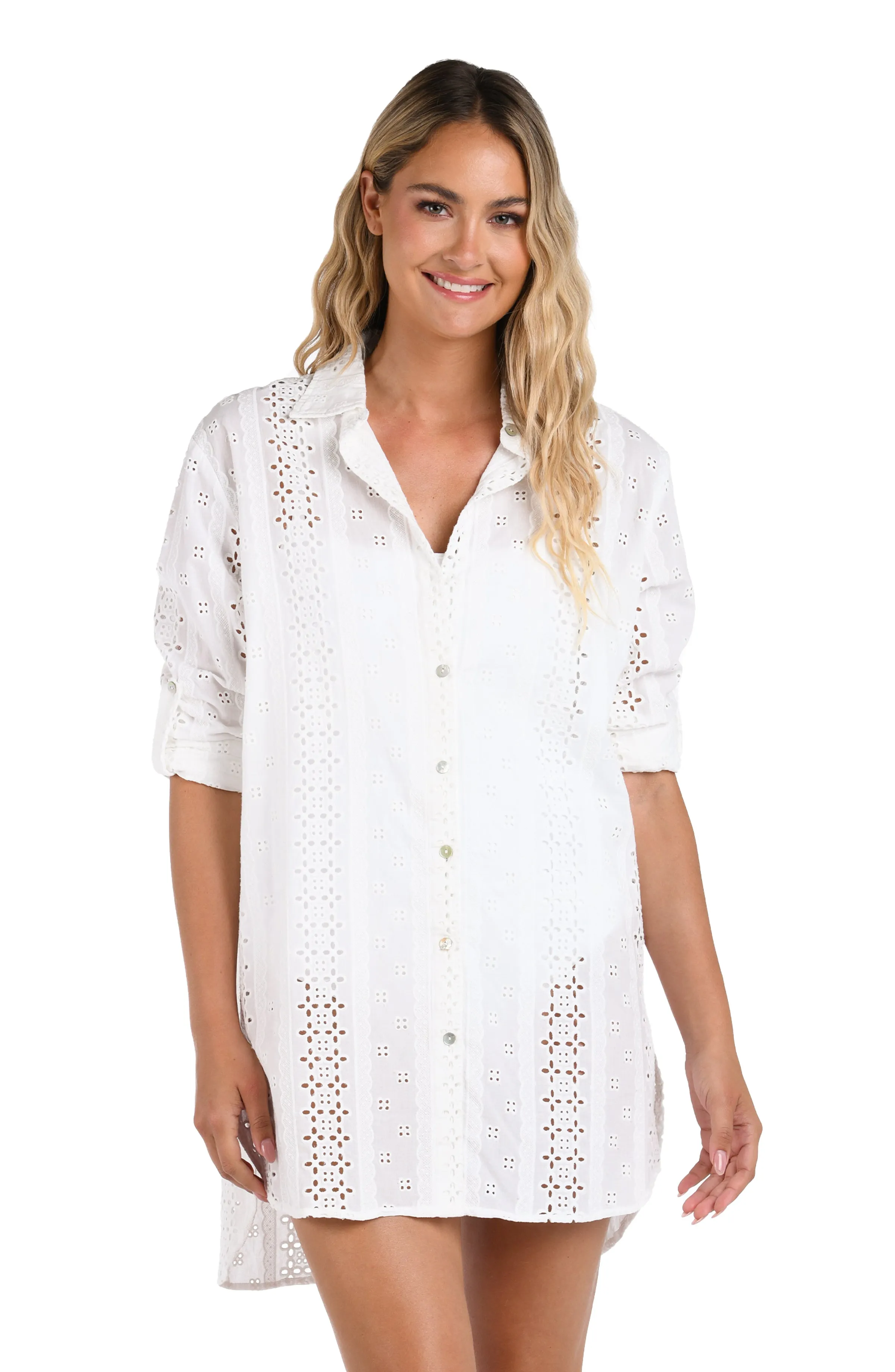 Eyelet Covers Camp Shirt w/ Crochet Insets sold by La Blanca