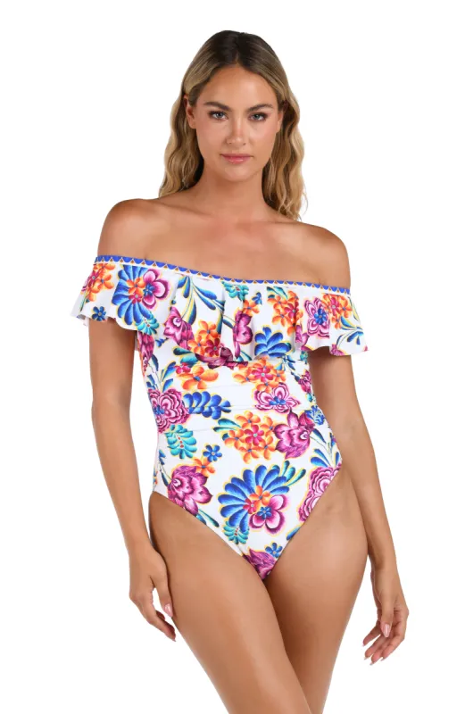 Flor De Paradiso Off Shoulder Ruffle One Piece - FINAL SALE sold by La Blanca