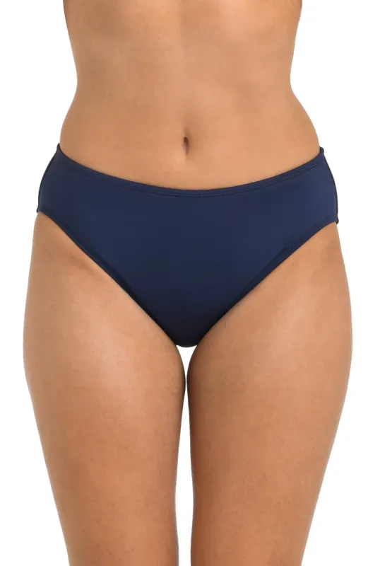 24th & Ocean Solid Mid Waist Bikini Bottom - Midnight sold by La Blanca