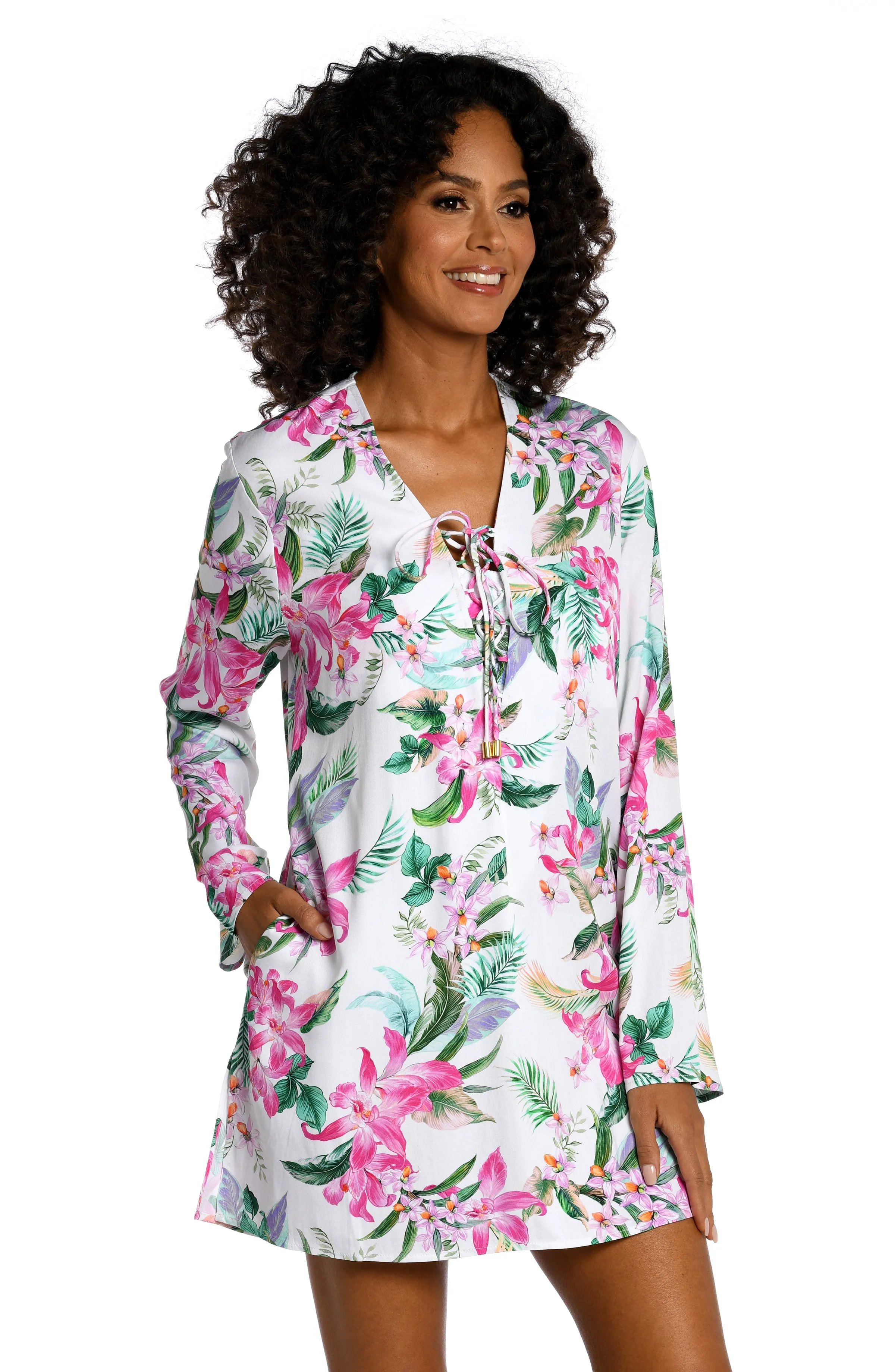 Mystic Palms Lace Up V-Neck Tunic sold by La Blanca