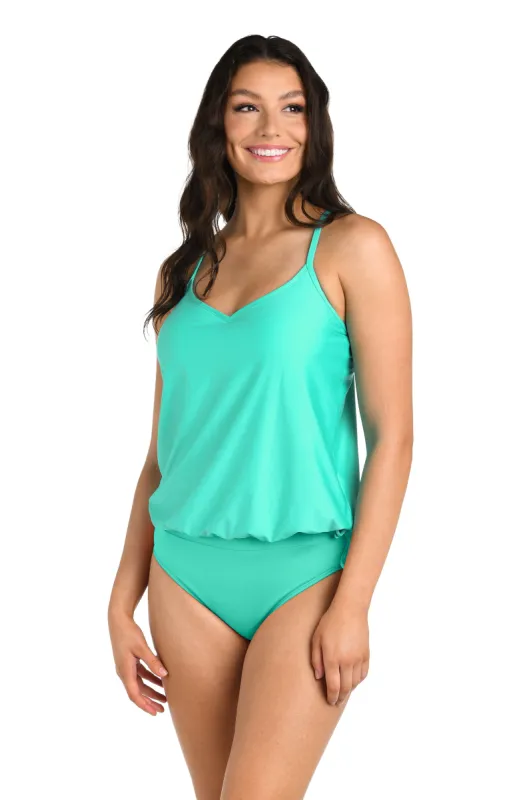 24th & Ocean Solid Underwire V-Neck Blouson Tankini Top - FINAL SALE sold by La Blanca