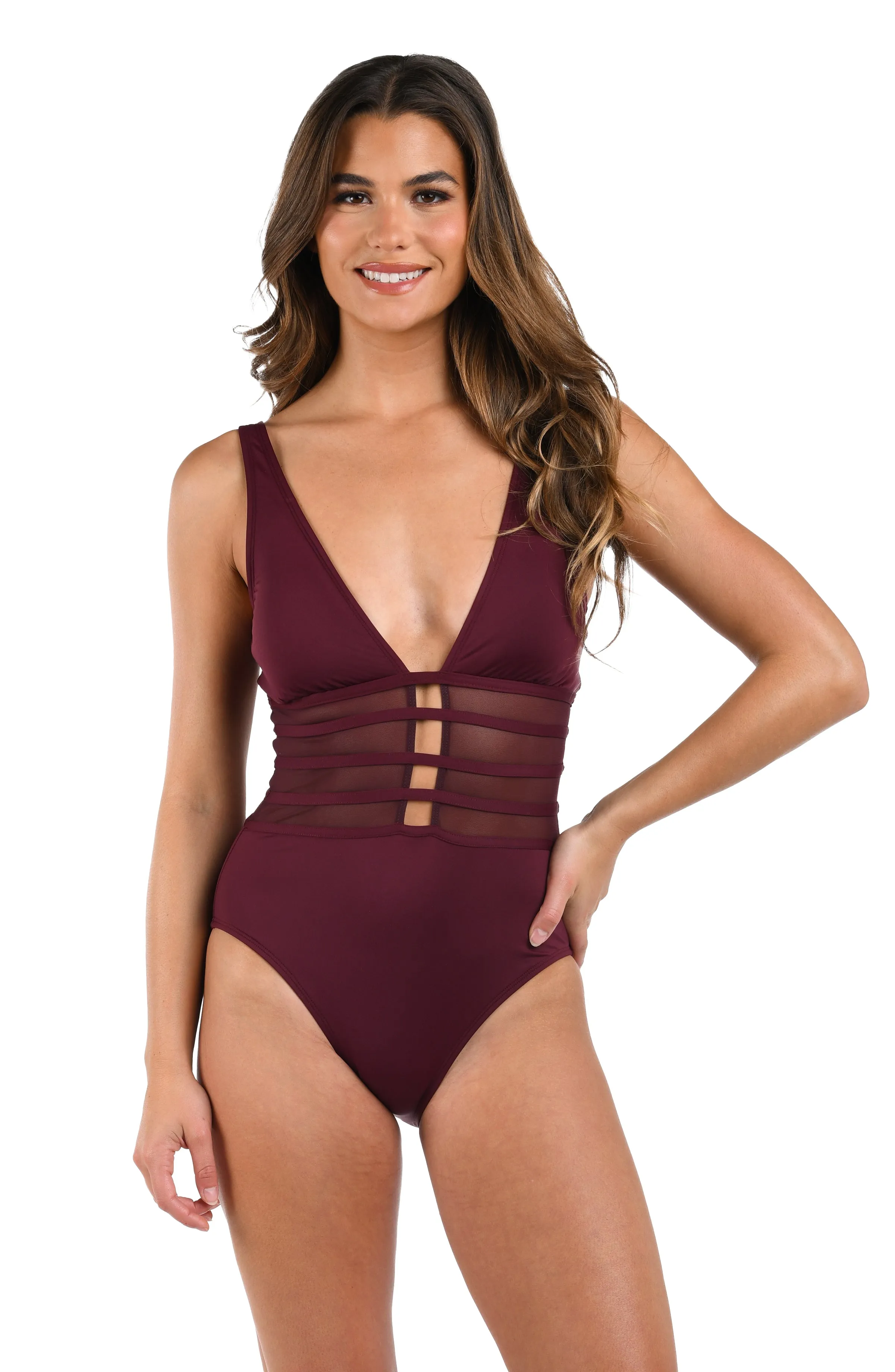Island Goddess Over the Shoulder Mesh One Piece - Dark Cherry sold by La Blanca