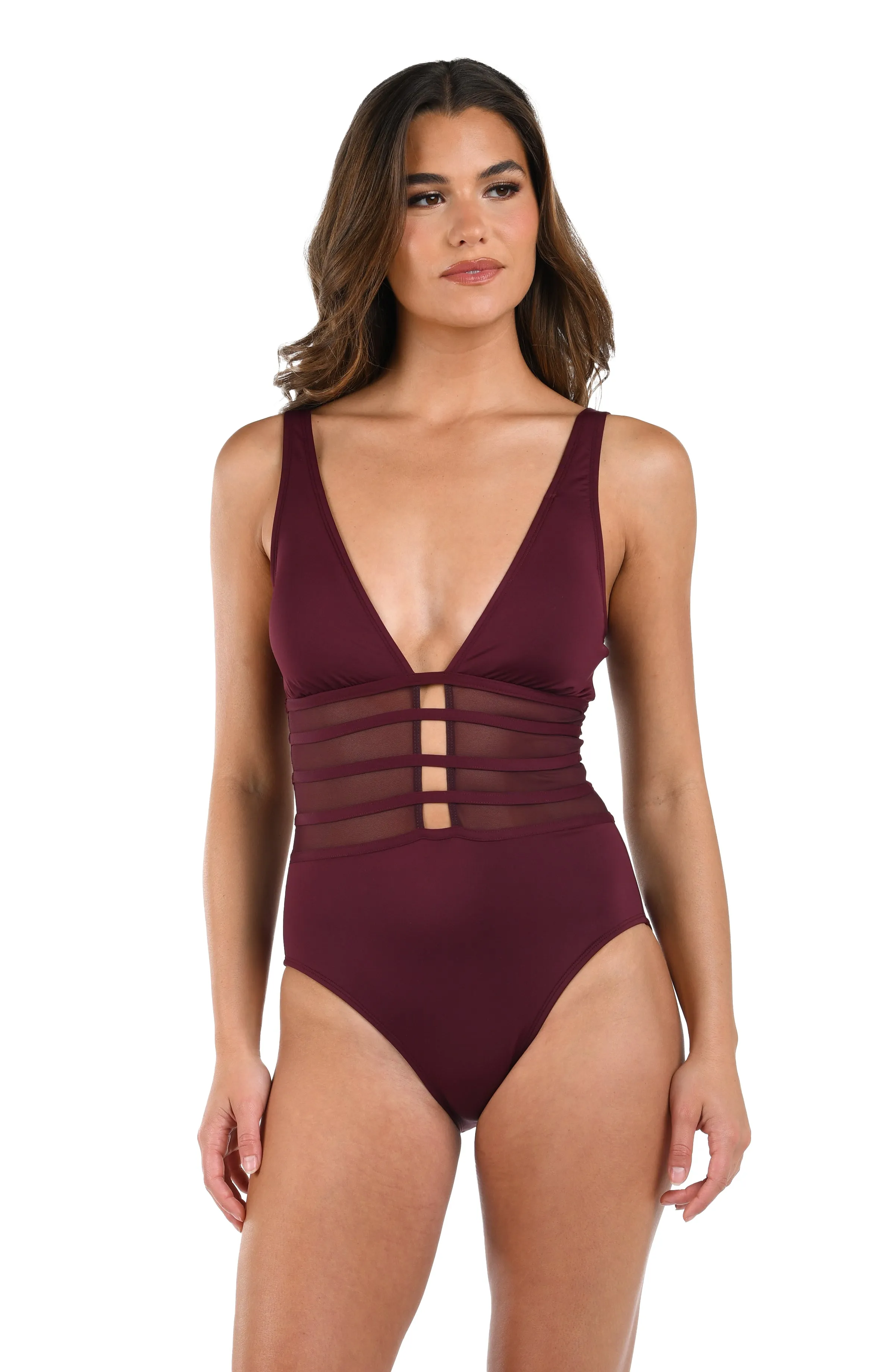 Island Goddess Over the Shoulder Mesh One Piece - Dark Cherry sold by La Blanca product image thumbnail 3