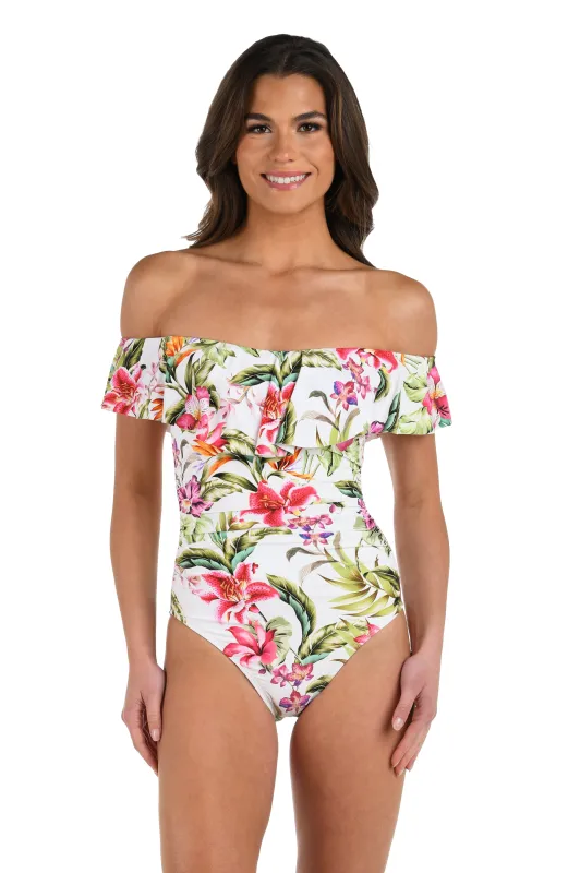 Polynesian Paradise Off Shoulder Ruffle One Piece sold by La Blanca