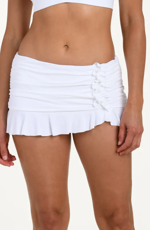 Island Goddess Asymmetrical Ruffle Skirted Bottom - White sold by La Blanca