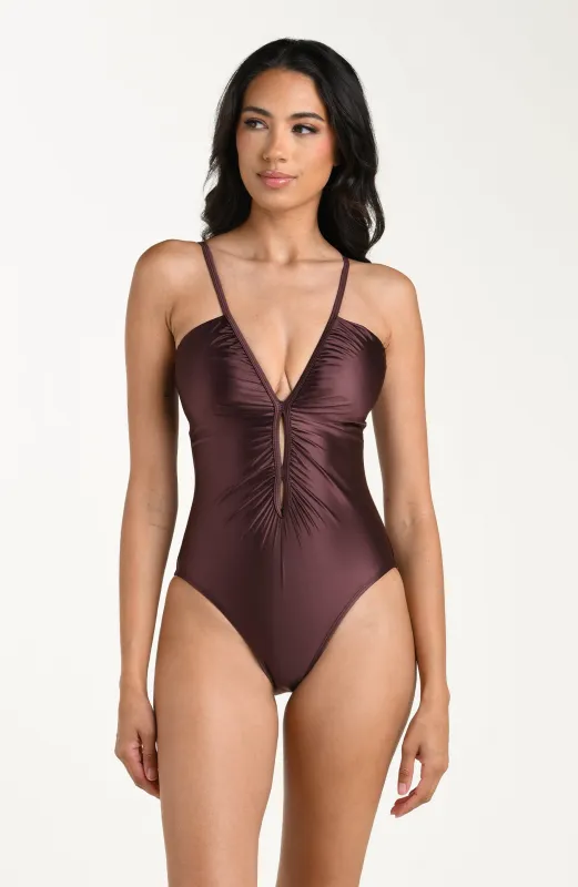 Earth Goddess Plunge Keyhole One Piece - Truffle sold by La Blanca