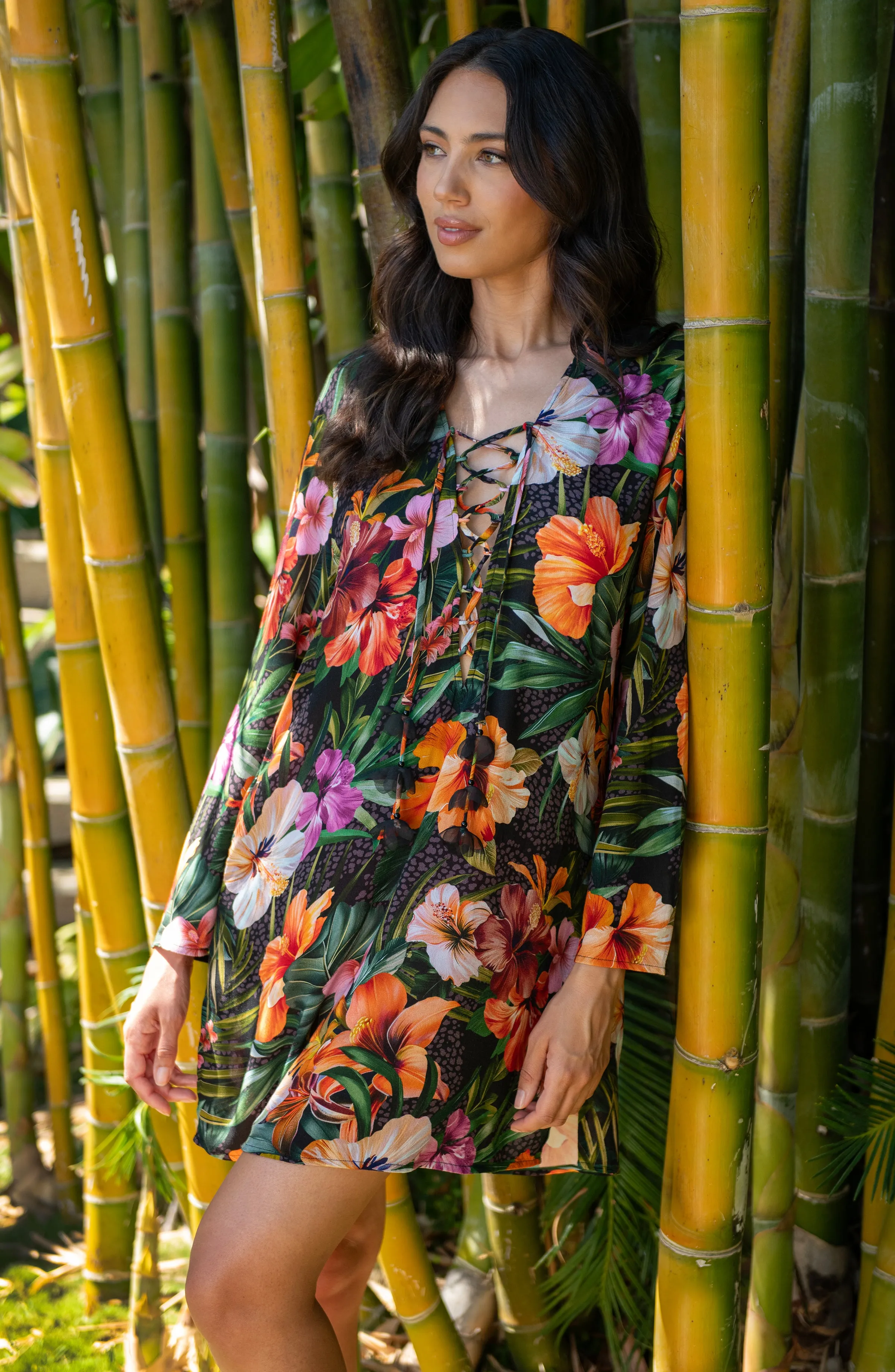 Tropical Hideaway Lace Up V-Neck Tunic - FINAL SALE sold by La Blanca