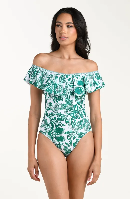 Botanical Brocade Off Shoulder Ruffle One Piece sold by La Blanca