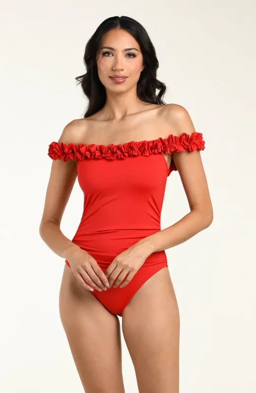 Island Goddess Ruffled One Piece - Ruby sold by La Blanca