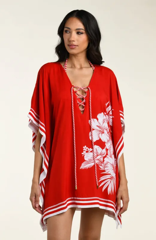 Mariner Blooms V-Neck Tunic - Ruby made by La Blanca