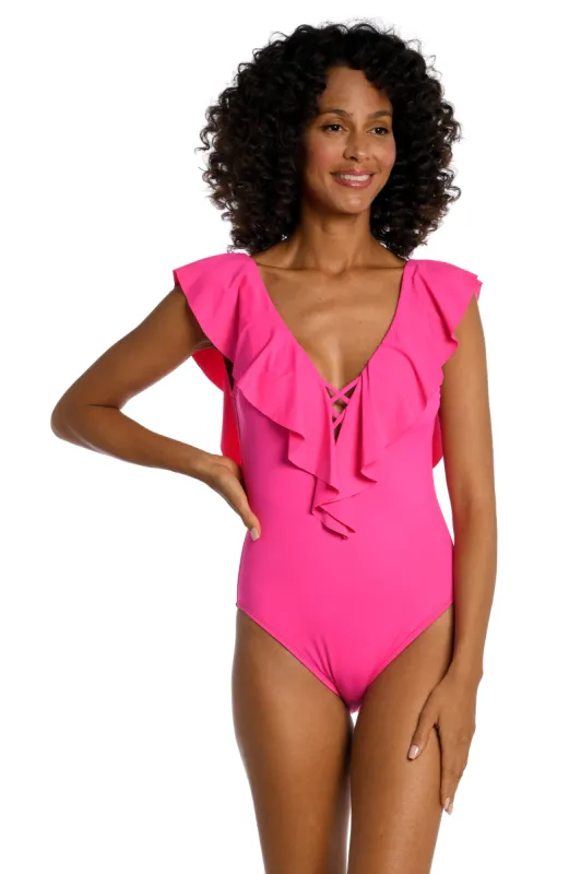 Island Goddess Ruffle Plunge One Piece - Pop Pink sold by La Blanca