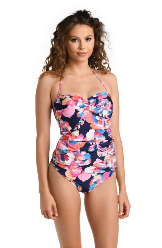 Denim Bouquet Twist Bandeau Tankini Top sold by La Blanca