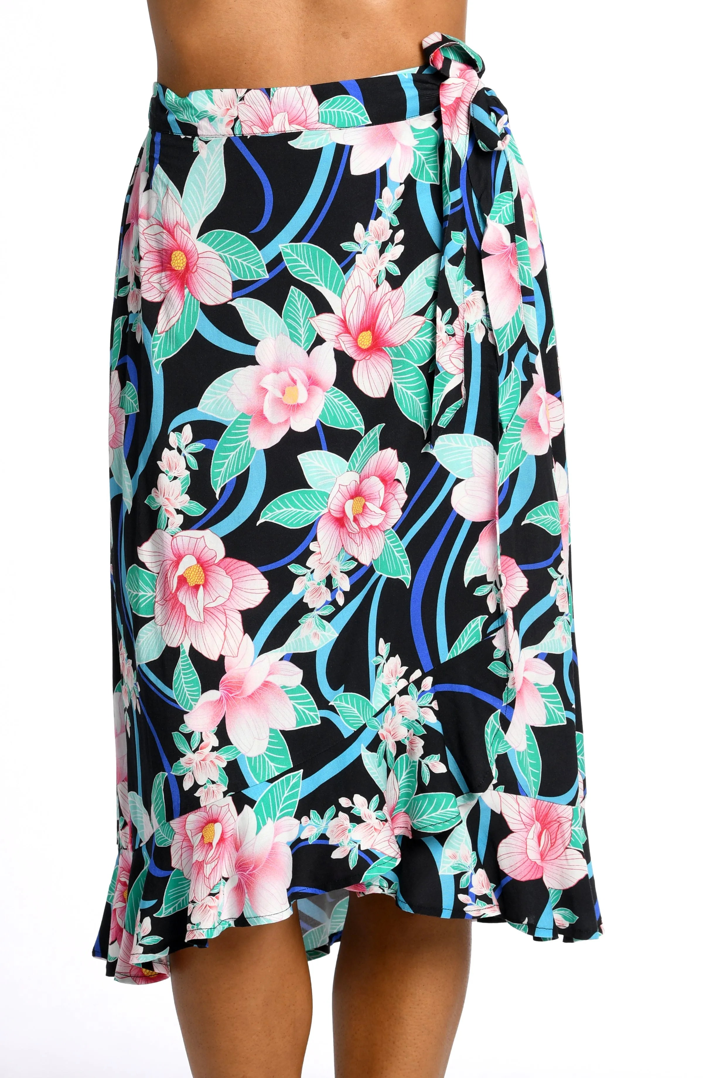 Nightfall Blooms Flounce Hem Sarong Wrap Skirt sold by La Blanca