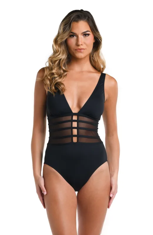 Island Goddess Over the Shoulder Mesh One Piece - Black sold by La Blanca