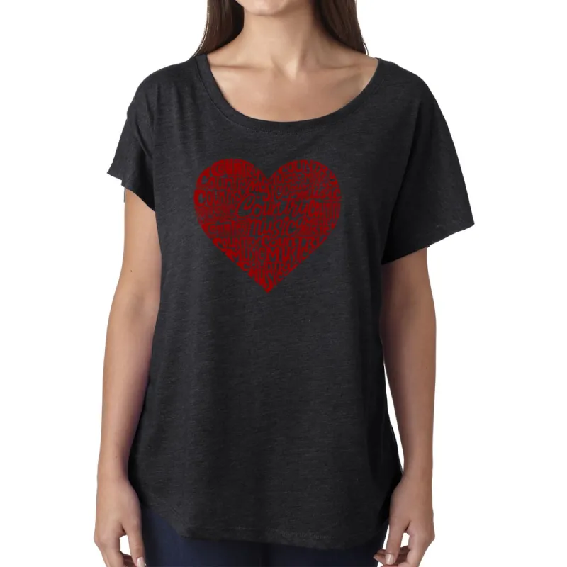 LA Pop Art Women's Dolman Cut Word Art Shirt - Country Music Heart sold by LA Pop Art