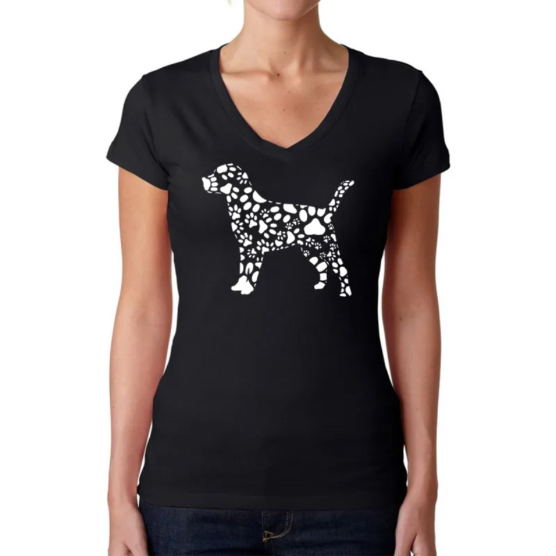Dog Paw Prints  - Women's Word Art V-Neck T-Shirt sold by LA Pop Art