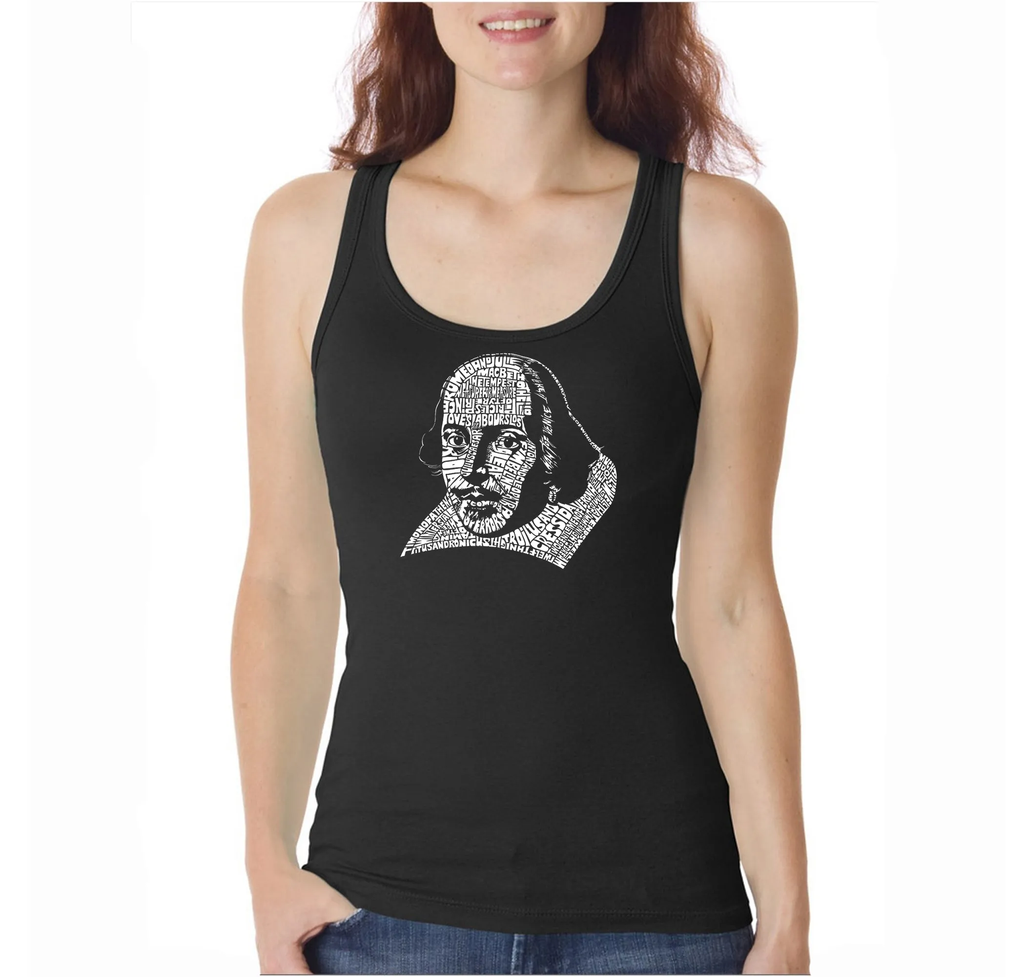 THE TITLES OF ALL OF WILLIAM SHAKESPEARE'S COMEDIES & TRAGEDIES - Women's Word Art Tank Top sold by LA Pop Art