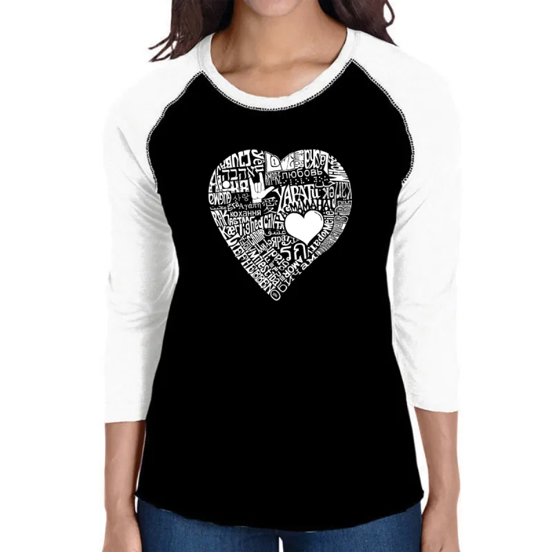 LOVE IN 44 DIFFERENT LANGUAGES - Women's Raglan Baseball Word Art T-Shirt sold by LA Pop Art