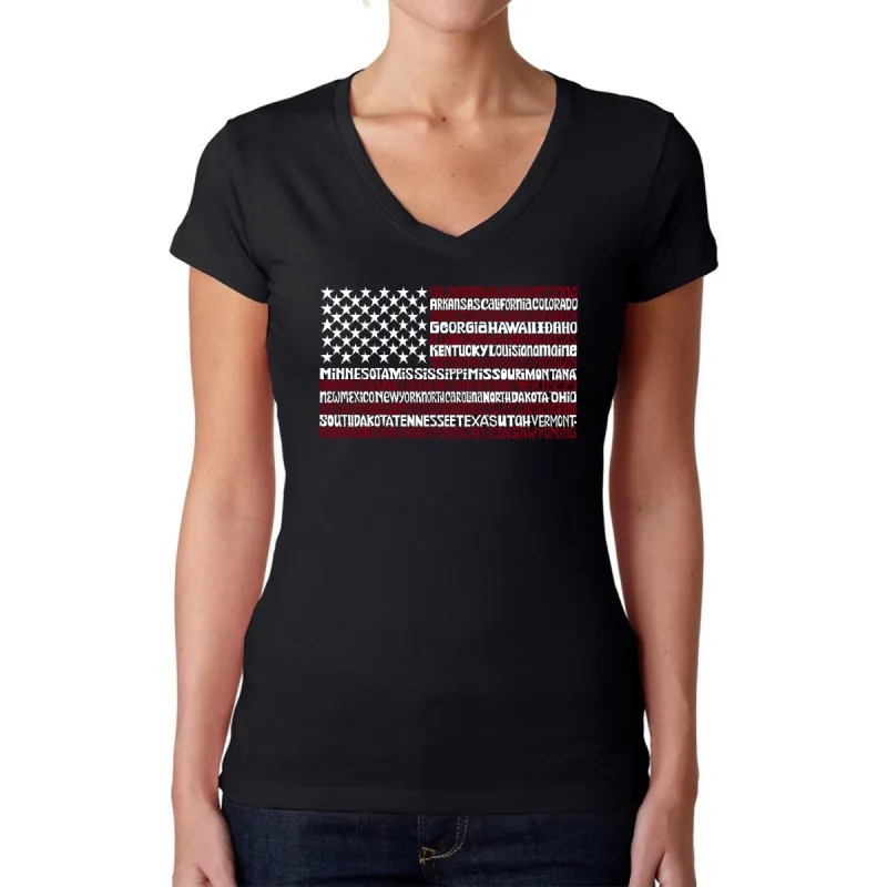 50 States USA Flag  - Women's Word Art V-Neck T-Shirt sold by LA Pop Art