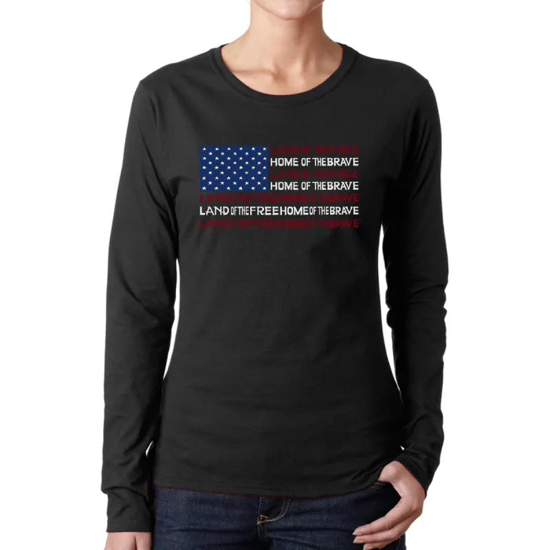 Land of the Free American Flag  - Women's Word Art Long Sleeve T-Shirt sold by LA Pop Art