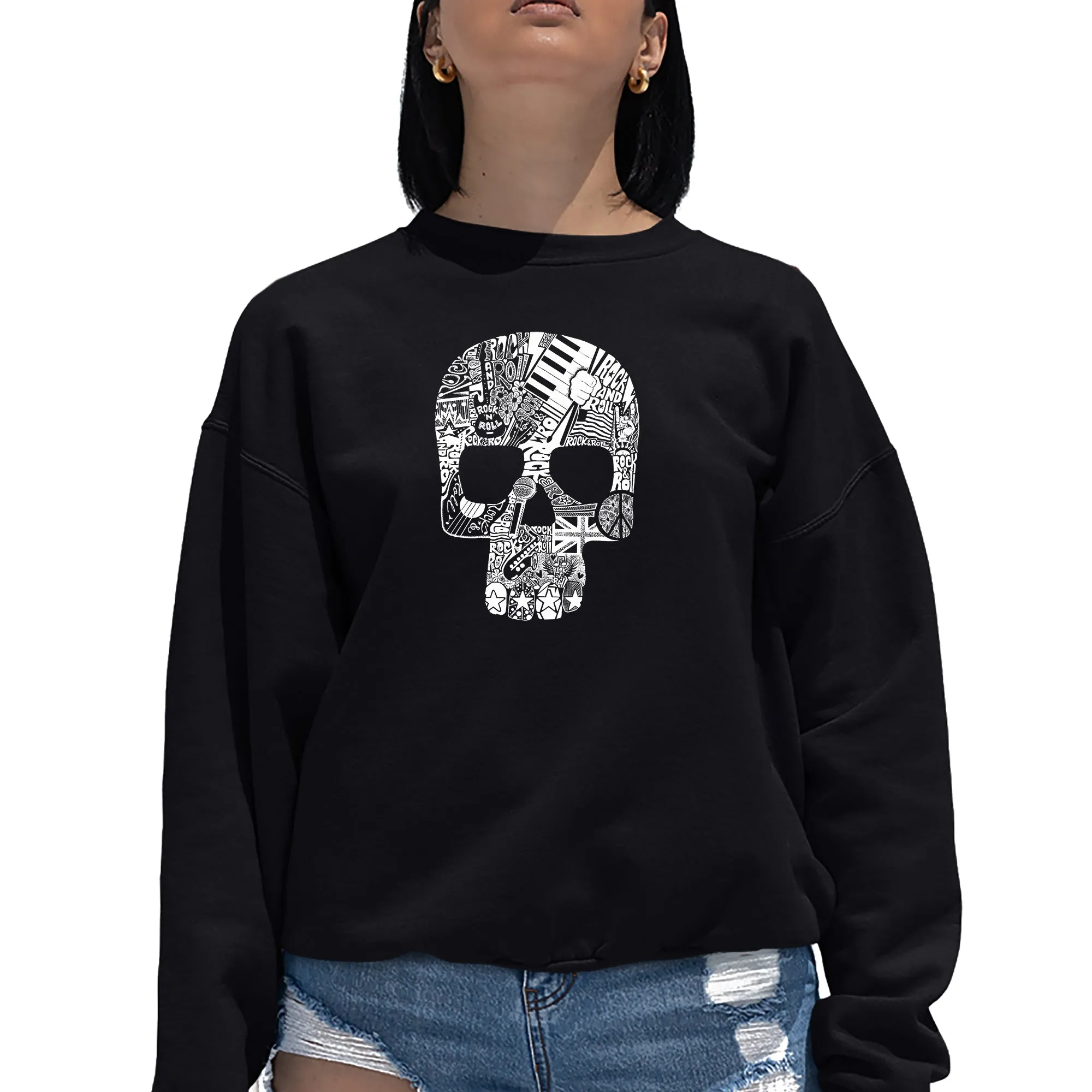 Rock n Roll Skull - Women's Word Art Crewneck Sweatshirt sold by LA Pop Art